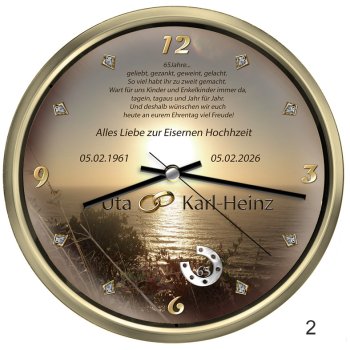 Preview: Große Uhr zur Eisernen Hochzeit mit Namen, Datum, Funkuhrwerk und Glückwunsch